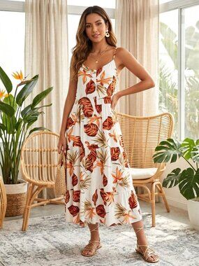 Beige Leaf Print Sundress Button Front Size M